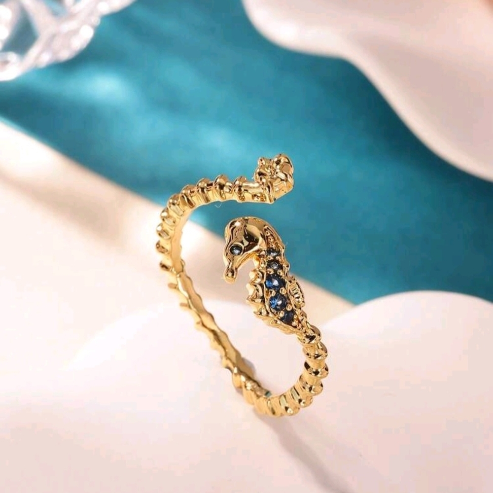 Gold Seahorse Open Ring with Blue Accent Stones